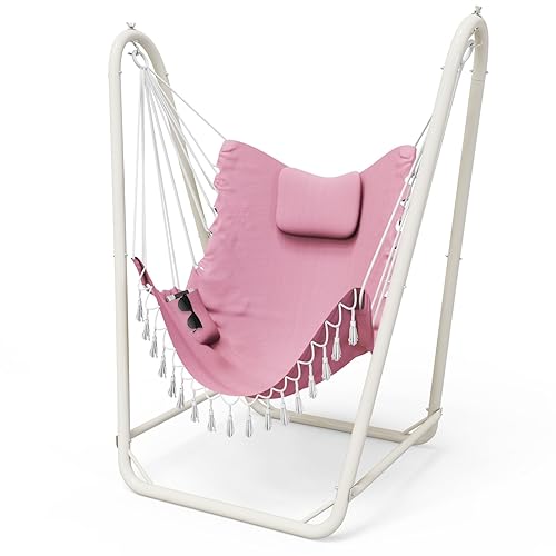 Hammock Chair with Stand,Heavy-Duty Hanging Chair with Stand, for Indoor Outdoor,Sturdy Swing Chair with Stand Max Load 350 pounds……… (Pale Pink) - Pale Pink