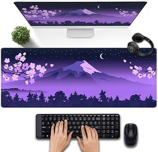 Purple Japanese Desk Mat Cherry Blossom Mouse Pad Fuji Mountain Desk Pad Gaming Keyboard Mouse Mat XL, Women Office Plant Desk Cover Mat, Laptop Computer Mat Mousepad Desk Accessories 31.5"x11.8" - Purple Cherry Blossom