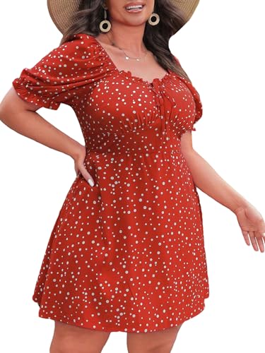 Floerns Women's Boho Polka Dots Puff Short Sleeve Sweetheart Neck A Line Short Dress  - Red