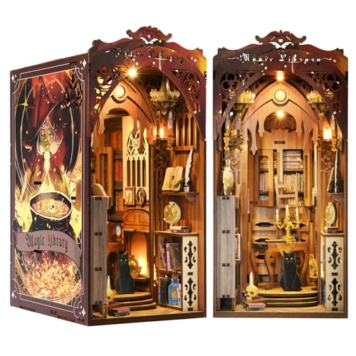 MiniCity Book Nook Kit, DIY Miniature Dollhouse Booknook Kit, 3D Wooden Puzzle Bookend Bookshelf Insert Decor with LED Light for Teens and Adults (Magic Library) - Magic Library
