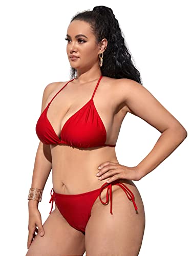 Milumia Women's Tie Side Halter Bikini Set Solid Triangle Swimsuit - Red