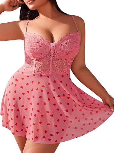 SOLY HUX Women's Heart Print Lingerie Set Lace Mesh Babydolls Dress with Thongs - Pink Heart