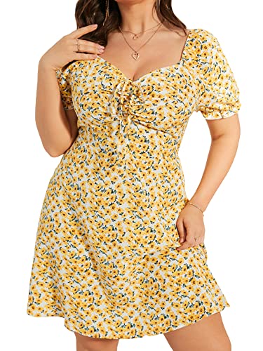MakeMeChic Women's Ditsy Floral Summer Dress Knot Front Puff Sleeve Sweetheart Neck A Line Short Dress - Yellow