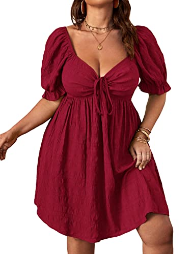 SOLY HUX Womens Summer Dresses Sweetheart Neck Puff Short Sleeve Tie Swing A Line Midi Dress -  Solid Burgundy
