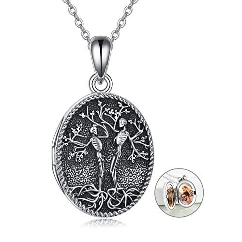 ONEFINITY Tree of Life Locket Necklace Sterling Silver Locket Necklace That Holds Pictures Tree of Life Locket Pendant for Women Wife Girlfriend - Oval Skull Tree locket