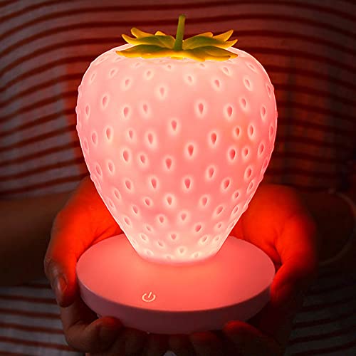 WLHONG Strawberry Night Light,Cute Silicone Strawberry Lights Kawaii Room Decor,USB Rechargeable Bedside Lamp 3 Gear Touch Lighting,Cute Strawberry Gifts for Baby,Children, Toddlers,Teen Girls - Pink