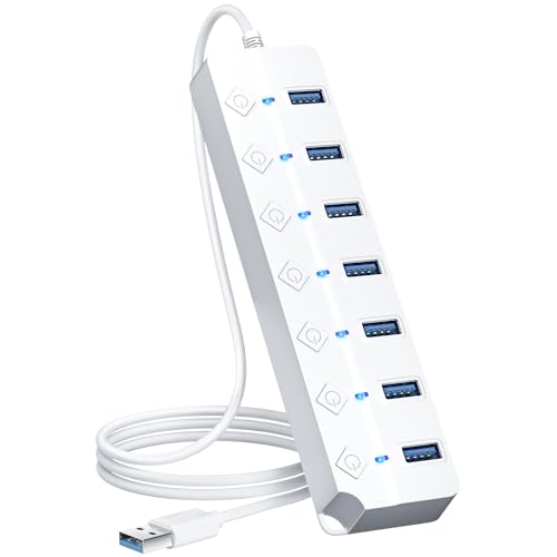 ONFINIO USB Hub 3.0, 7-Port USB Hub Splitter with Individual On/Off Switches and Lights, 3.2ft/1m Long Cable Compatible with MacBook, Laptop, Surface Pro, PS4, PC, Flash Drive, Mobile HDD-White - White
