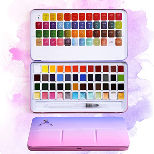 MeiLiang Watercolor Paint Set, 36 Standard Colors and 12 Glittery Colors in Exquisite Carrying Box with Metal Ring and Watercolor Brush, Perfect as Art Gift, Suitable for Beginners, Professionals - 48 Colors