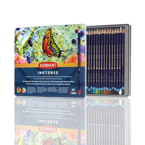 Derwent Inktense Pencils Tin, Set of 24, Great for Holiday Gifts, 4mm Round Core, Firm Texture, Watersoluble, Ideal for Watercolor, Drawing, Coloring and Painting on Paper and Fabric (0700929) - 1 Count (Pack of 24)