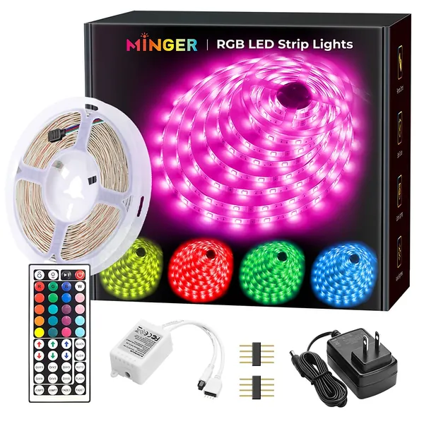 MINGER LED Strip Lights 16.4ft, RGB Color Changing LED Lights for Home, Kitchen, Room, Bedroom, Dorm Room, Bar, with IR Remote Control, 5050 LEDs, DIY Mode - 16.4 ft
