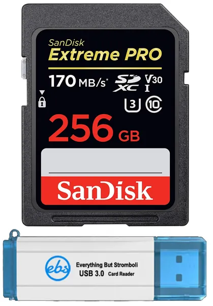 SanDisk Extreme Pro 256GB SD Memory Card for Vlogging Camera Works with Sony ZV-1 (DC-ZV-1) (SDSDXXY-256G-GN4IN) Bundle with (1) Everything But Stromboli 3.0 Card Reader
