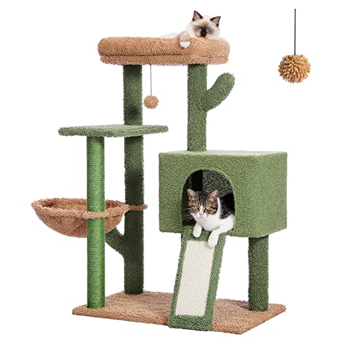 PAWZ Road 41 Inches Cactus Cat Tower with Sisal Covered Scratching Post and Cozy Condo for Indoor Cats, Cat Climbing Stand with Plush Perch &Soft Hammock for Multi-Level Cat Play House - Large Bottom