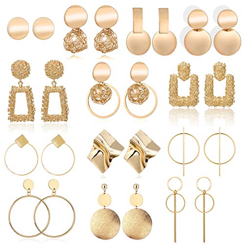 13 Pairs Statement Drop Dangle Earrings, Gold Stud Earrings for Women & Fashion Big Geometric Earrings for Girls, Hanging Earring Set Jewelry Gifts - Gold