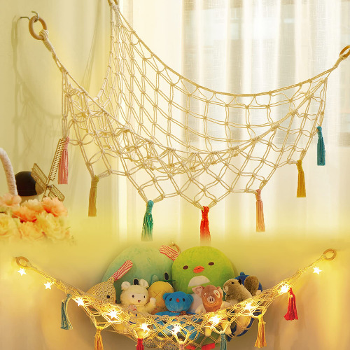 LICKLIP Corner Stuffed Animal Hammock with LED Light, Boho Macrame Toy Hammock with Colorful Tassels, Corner Plush Toy Net Holder, Hanging Net Storage Organizer for Nursery Play Room Bedroom Small