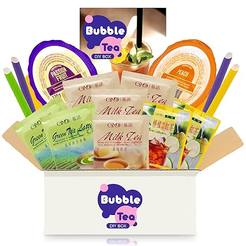 Bubble Tea DIY Set mit Passionsfrucht & Pfirsich Popping Boba - Für 4 Getränke - 15-teiliges Boba Tee Starter Kit - 3 Teesorten (Milchtee, Grüner Tee, Zitronen-Eistee), Fruchtperlen, Strohhalme - Passionsfrucht, Erdbeere