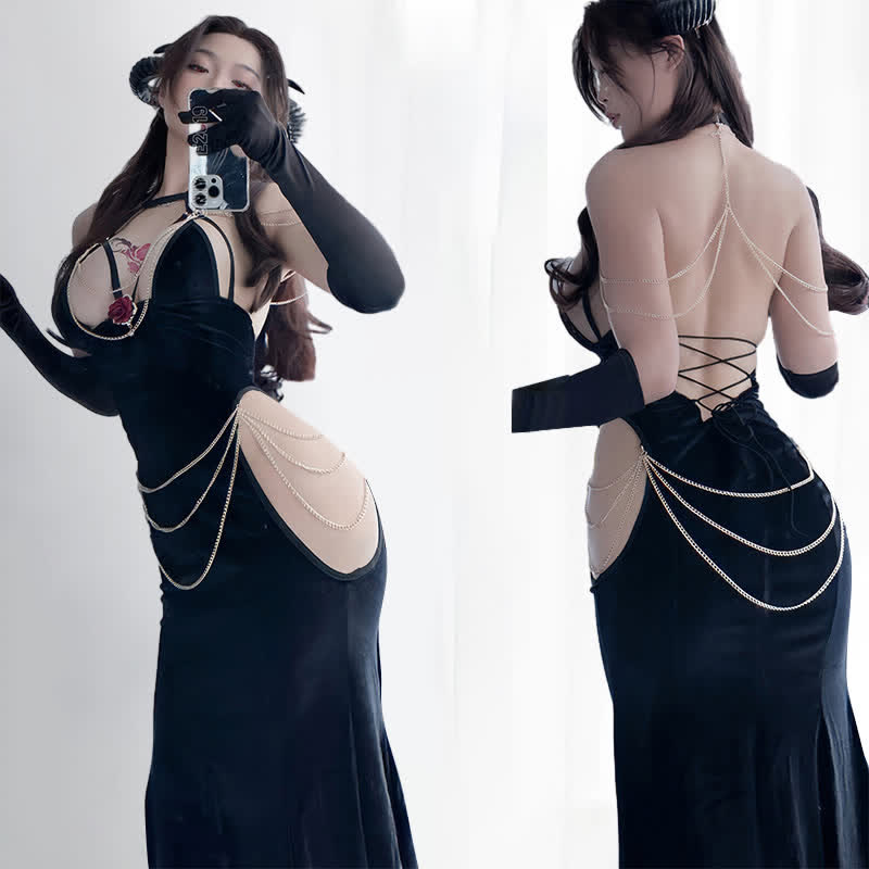 Velvet Halter Fishtail Dress Sexy Hollow Out Backless with Chains