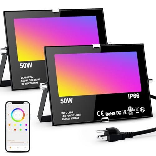 LED Flood Lights RGB Color Changing 500W Equivalent, Outdoor RGBW Bluetooth Smart Floodlights APP Control, IP66 Waterproof, Timing, 2700K&16 Million Colors 23 Modes for Stage Landscape Lighting 2 Pack - Bluetooth-50Watts-2 Pack