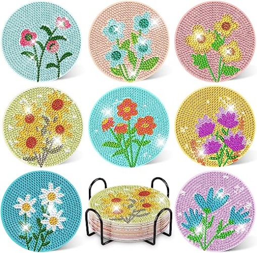 DOTZSO 8 Pcs Diamond Painting Coasters with Holder, Diamond Art Coasters for Beginners, Adults & Kids Diamond Art Kits for Adults, Craft Supplies - 8 Pcs 33#