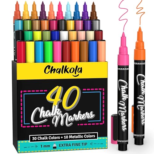 40 Chalkola Liquid Chalk Markers for Chalkboard Signs, Blackboard, Window, Labels, Bistro, Glass, Car | Neon, Pastel & Metallic Colors, Wet Wipe Erasable Ink - 6mm Reversible Tip - Washable Chalk Pens - Extra Fine Tip - 1mm