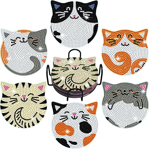 Vcekract Diamond Painting Coasters Kits, 6 Pcs Cat Diamond Art Coasters with Holder, Crafts Kits for DIY Coasters, Diamond Art Kits for Adults - Cat Coasters