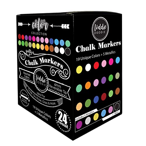 Loddie Doddie Liquid Chalk Markers | Dust Free Chalk Pens - Perfect for Chalkboards, Blackboards, Windows and Glass | 6mm Reversible Bullet & Chisel Tip Erasable Ink (Pack of 24) - Pack of 24