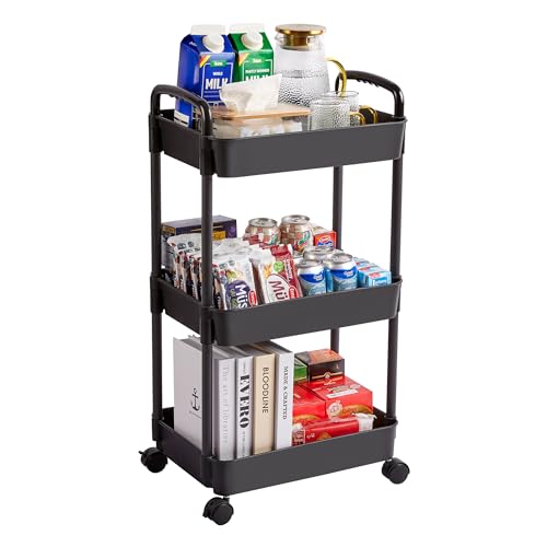 Vtopmart 3 Tier Rolling Cart with Wheels, Detachable Utility Storage Cart with Handle and Lockable Casters, Storage Basket Organizer Shelves, Easy Assemble for Bathroom, Kitchen, Black - Black - 3 Tier