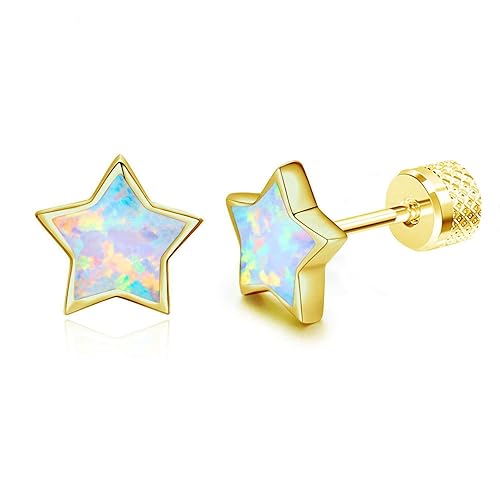 Liaya Unicorn Earrings for Girls Women - 925 Sterling Silver Hypoallergenic Cute Opal Stud Earring for Sensitive Ears, 14K Gold Plated Mini Animal Earrings Jewelry Lovely Gifts for Kids & Little Girls - 06- Star Gold