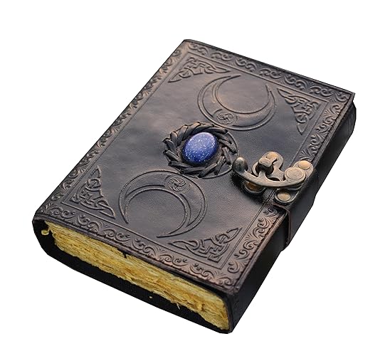 book of shadows spell book grimoire journal witchcraft books 200 Antique Deckle Edge Blank Paper Semi Precious Stone Black Triple Moon third eye unlined sketchbook Witch Journal for Men Women 7x5 Inch