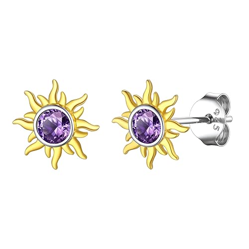 Suplight Dainty 925 Sterling Silver Gold Birthstone Sun Stud Earrings/Pendant Necklace, Dainty Birthstone Jewelry for Women (with Gift Box) - Earrings/02. Feb(created Amethyst)