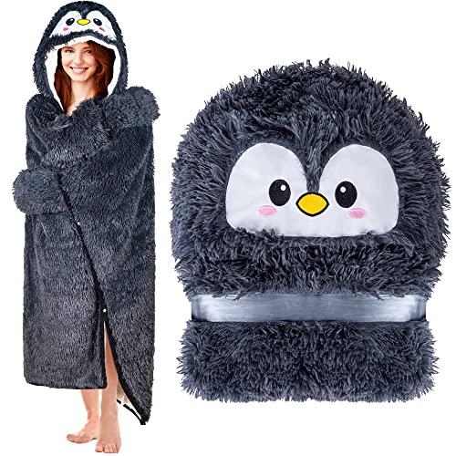 Penguin Wearable Hooded Blanket for Adults - Fluffy Super Soft Shaggy Faux Fur, Fuzzy Warm Cozy Plush Furry Fleece & Sherpa Hoodie Throw Cloak Wrap - Penguin Gifts for Women Adults and Kids - Penguin