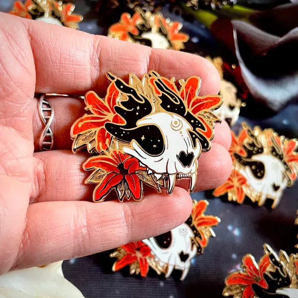 ENAMEL PIN: Lunaris, Cat skull enamel pin, cat pin, cat enamel pin, spooky enamel pins, occult pin, starry enamel pin, witchy pins
