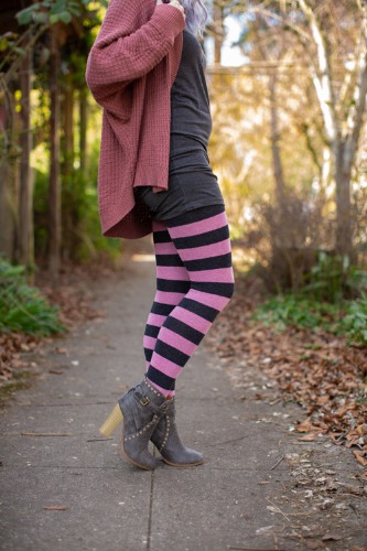 Extraordinarily Longer Striped Thigh High Socks | Dark Charcoal/Bubblegum