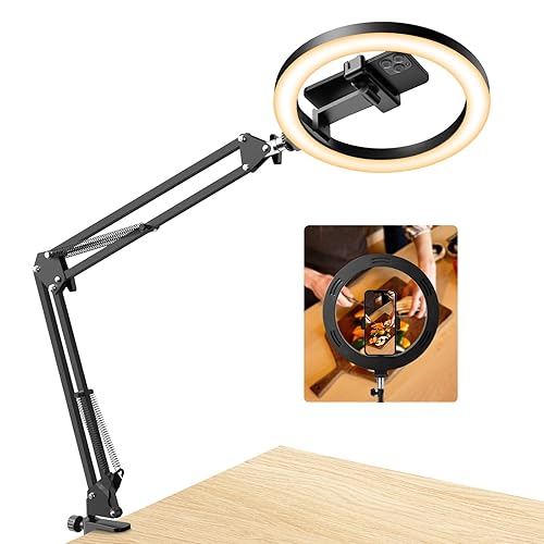 Upgrade Ring Light Overhead Phone Mount, Evershop Selfie Ring Light with Stand and Phone Holder,10”Circle LED Desk Ring Light with Clamp for Video Recording,Zoom Meeting,Live Streaming Tiktok,YouTube - 36.6 inches tall