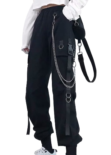 Vekline Drawstring Sweatpants Women Sprot Jogger Casual Long Pants Pocket Baggy Cinch Bottom Print Trousers - 4 Black With Chain XX-Large