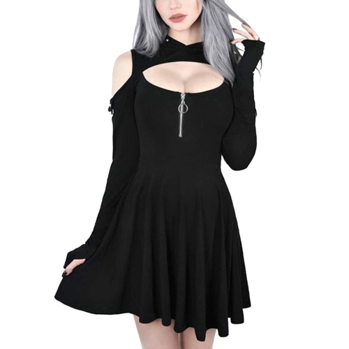 TIFENNY Women's Hooded Mini Dresses Fashion Cool Gothic Pure Color Hooded Low Cut Cold Shoulder Zippe Mini Dress Tops - Black Large