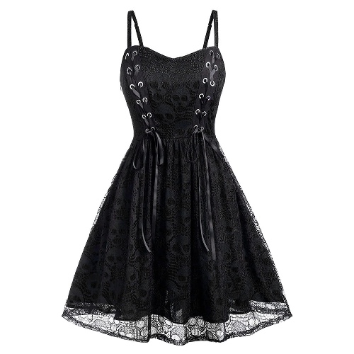 Women's Sleeveless Punk Dress Camisole Skull Print Lace Swing Dresses Halloween Spaghetti Strap Steampunk Goth Clothes - 1_black Large