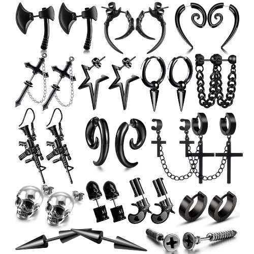 16 Pairs Stainless Steel Punk Y2K Black Dangle Earrings for Men, Axe Skull Screw Cone etc Huggie Hoop Long Chain Piercing Hoop Earrings Set for Unisex Earrings for Women - 