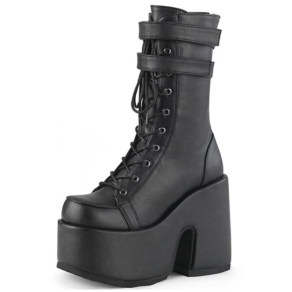 CELNEPHO Womens Combat Ankle Booties Square Toe Lace Up Block Chunky High Heel Platform Motorcycle Knight Boots Punk Goth Mid Calf For Women - 10 C-black
