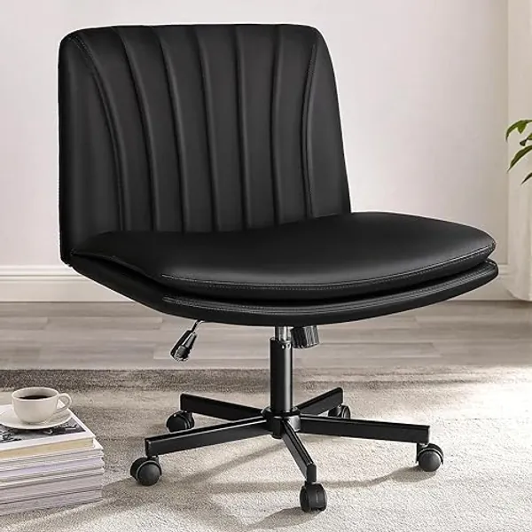 PUKAMI Criss Cross Chair with Wheels,PU Leather Armless Cross Legged Office Desk Chair for Home Office,Modern Swivel Height Adjustable Wide Seat Computer Task Vanity Chair(Black) - Black - Casual
