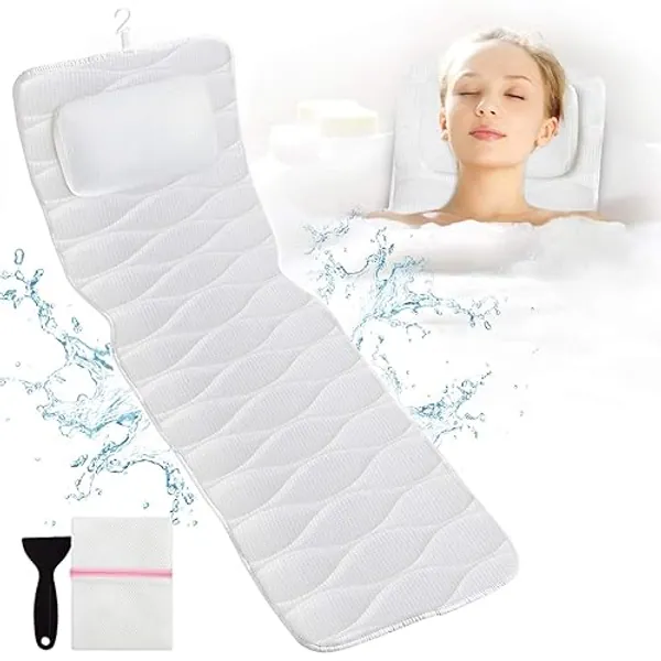 Full Body Bath Pillow, Bath Pillows for tub with Mesh Washing Bag & 21 Non-Slip Suction Cups, Spa Bathtub Pillow for Head Neck Shoulder and Back Support - 5D Air Mesh & Quick Drying - 50x16 Inch (Pack of 1) - White