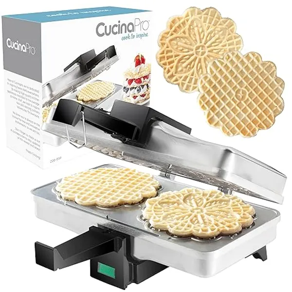 Pizzelle Maker- Polished Electric Baker Press Makes Two 5-Inch Cookies at Once- Recipe Guide Included- Holiday Xmas Party, Christmas Cookie Swap Fun- Italian Waffle Dessert Treat Making- Gift for Her - Silver