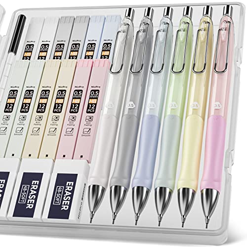 Nicpro 6PCS Pastel Mechanical Pencil Set 0.5 mm, Cute Mechanical Pencils with Comfort Grip with 12 Tubes HB Lead Refill, 3 Eraser, 9 Eraser Refills for Student Writing, Drawing, Sketching- with Case - 0.5