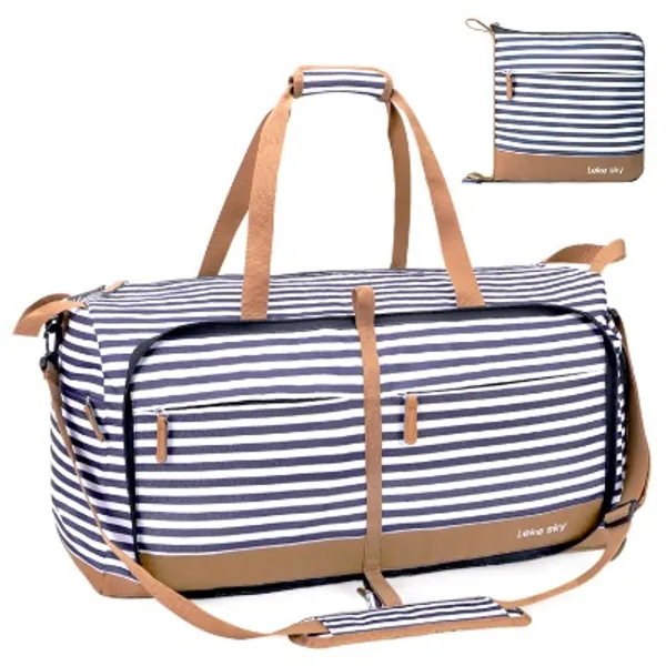 Lekesky 60L Travel Duffle Bag Women Weekend Overnight Bag Sports Gym Bag with Shoe Compartment Foldable Holdall Bag Water Resistant Weekender Bag for Women Men, Striped