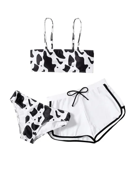 WDIRARA Women's 3 Pieces Cow Print Straps Bikini Swimsuit with Shorts