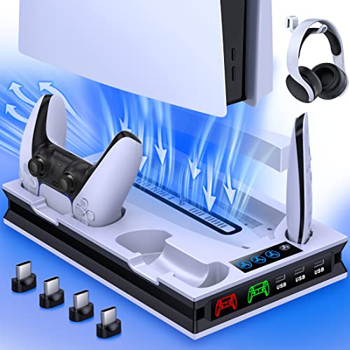 PS5 Stand with 3 Level Cooling Fan, Dual Fast PS5 Controller Charging Station Incl. 4 USB C Dongles, 3 USB Hubs, Headset Holder, Media Slot,PS5 Accessories PS5 Cooling Station for Sony P5 Digital/Disc - Q263 PS5 Stand