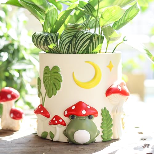 GUGUGO Frog Garden Planters, Cute Unique Plant Pot with Drainage, Rainbow Colorful Small Mushroom Flower Planters Pots for Indoor Plants, Funny Succulent Gardening Pot Gifts Home Décor (C, 5Inch) - C - 5Inch