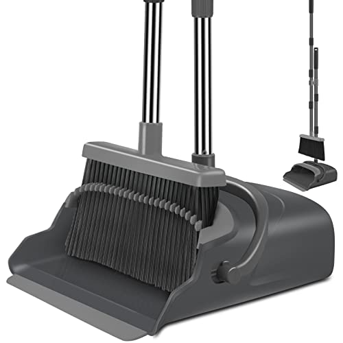 kelamayi Broom and Dustpan Set for Home, Office, Indoor&Outdoor Sweeping, Stand Up Broom and Dustpan (Black&Gray) - Black&gray