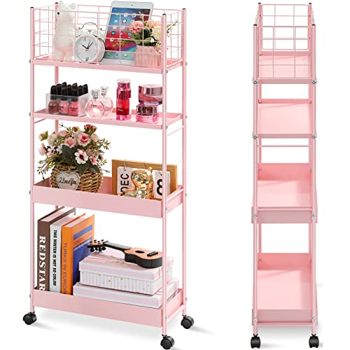 KINGRACK Slim Storage Cart,4-Tier Metal Utility Rolling Cart with Wheels,Slide Out Storage Cart, Skinny Storage Rolling Cart,Storage Trolley Cart for Office Bedroom Bathroom Narrow Place,Pink - Pink - 4-Tier