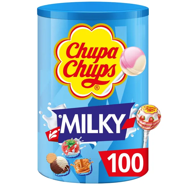 Chupa Chups - Tubo de 100 Sucettes Lait - Parfums Choco/Vanille, Lait/Fraise, Caramel - 0% de Matières Grasses - Idéal pour Fêtes d'Anniversaires - Boite Chupa Chups Milky de 1,2 Kg