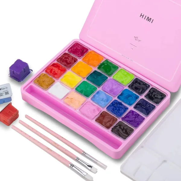HIMI Kit de peinture gouache, 24 couleurs x 30 ml avec 3 pinceaux, conception de gobelet à gelée, non toxique, opaque aquarelle - Parfait pour les débutants, les étudiants et les artistes (rose)